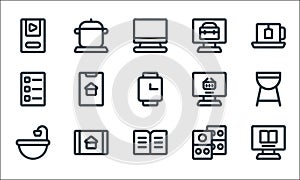 stay at home line icons. linear set. quality vector line set such as ebook, book, washing, domino, tablet, list, online shopping,