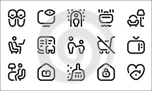 Stay at home line icons. linear set. quality vector line set such as stayhome, cleaning, reading, lock, online learning, working