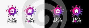 Stay home logo icon sticker for COVID-19 virus social media campaign. Coronavirus, COVID 19 protection logo with virus, house and