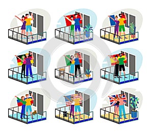 Stay Home Motivational Set. People In Balconies Staying Home Due To Quarantine With Flags.