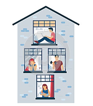 Stay at home. Quarantined life in isolation. The neighbors in the house are looking out the window. Conceptual flat illustration i