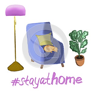 Stay at home set, text and lettering. Illustration of blue armchair, golden and pink torchiere, red kitten sleeping on chair, vase