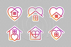 Stay home social media icons on transparent background. Stay safe and self-isolation stickers for website or app.