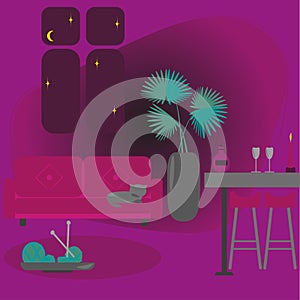 Stay home and spend cozy romantic evening together with glass of wine. Evening in cozy interior of house. Vector illustration