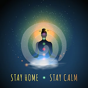 Stay home, stay calm. Meditation silhouette sitting in lotus position, vector illustration.