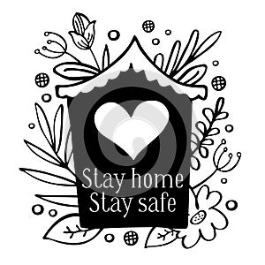 Stay home, stay safe. Hand drawn vector sketch house and plants