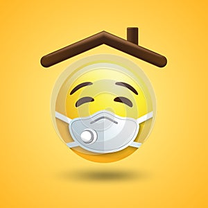 Stay home sticker emoji, House roof with emojis in a medical mask
