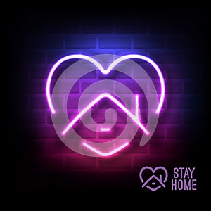 Stay Home Symbol with Heart and House. Vector Neon Illuestration