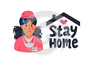 Stay home. Tired Young nurse in pink scrubs and stay home sign. Medical team in conditions of coronavirus pandemic, covd-19 photo