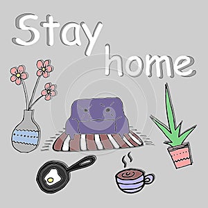 Stay home vector, family motivational quotes to stay safe at home from disease outbreaks. text with flowers, sofa, plant, omelette