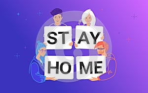 Stay home vector illustration of smiling teenage friends holding letters to prevent coronavirus spreading