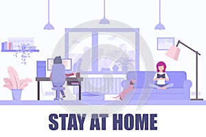 Stay home vector illustration.Young girl reading book on the couch, young man working on computer. Coronavirus outbreak.