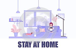 Stay at home vector illustration. Young woman reading book on the couch. Coronavirus outbreak campaign, self isolation.