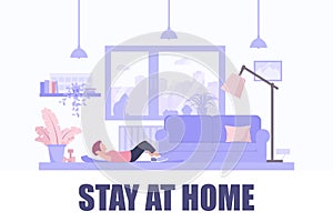 Stay at home vector illustration. Young woman woman doing sport exercises at home. Coronavirus outbreak, self isolation.