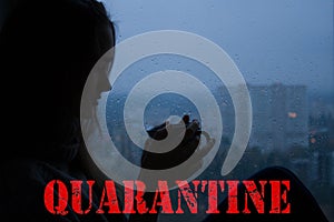 Stay at home virus quarantine background. Coronavirus backdrop with lettering, silhouette of young beautiful woman