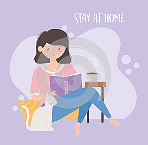 Stay at home, young woman eading book and cat cartoon