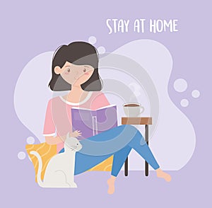 Stay at home, young woman eading book and cat cartoon photo