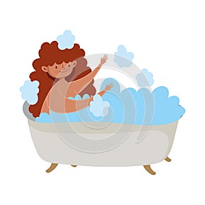 Stay at home, young woman relaxing in bathtub isolated design