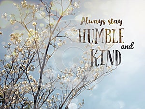 Always stay humble and kind word and white blossom flower tree