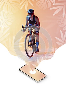 Contemporary art collage. Inspiration, idea, magazine style. Sport. Professional female cyclist on light neon abstract