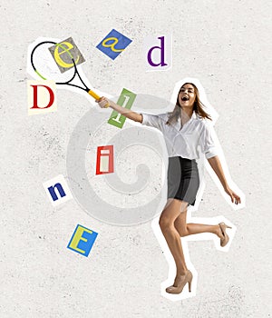 Stay motivated. Young happy girl, manager, finance analyst in office attire playing tennis isolated on light background