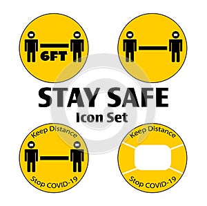 Stay Safe Icon Set of Yellow Warning Button Icons for opening again social distancing and COVID-19 prevention.