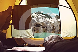 Stay in tent in nature. The concept of Hiking and life in the wild