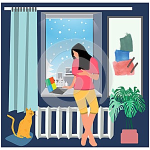 Stay and work at home cozy winter interior workspace lifesyle   illustration