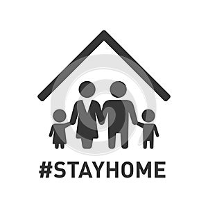 Stayhome Hashtag Sign with Family under Roof. Coronavirus Protection Icon. Vector photo