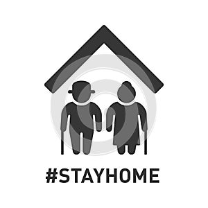 Stayhome Hashtag Sign with two Older Peoples. Coronavirus Protection Icon. Vector photo