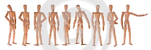 Staying in different poses wooden dummies set isolated with clipping path