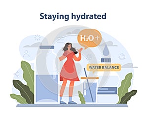 Staying Hydrated theme. A woman highlights the benefits of water intake for maintaining.