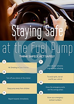 Staying safe at the fuel pump, act safely text with safety list and asian woman driving car