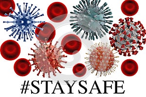 #Staysafe text with Viruses on white  background