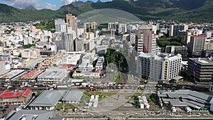 Steady aerial video view of the old and modern buildings at Waterfront in Port Louis, Capital of Mauritius