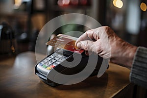 With a steady hand, an elderly gentleman employs a card for his contactless purchases.