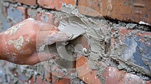 A steady hand smoothing mortar into the gaps between bricks ensuring a seamless finish