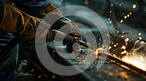 The steady hands of a worker guide the welding torch along the exposed seam of a metal surface