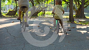 Steadycam shot of a young woman and her little son riding a bicycle and runbike in a tropical park