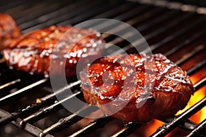 steak basted with bbq sauce on hot grill grates