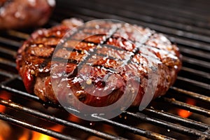 steak basted with bbq sauce on hot grill grates