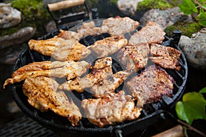 Steak and chicken meat grilled on barbecue