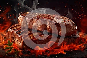 Steak cooked on the grill. By Generative AI