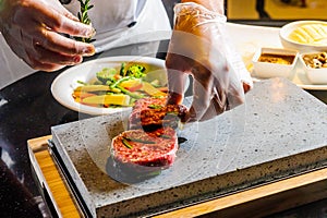 Steak cooked on lava-stone