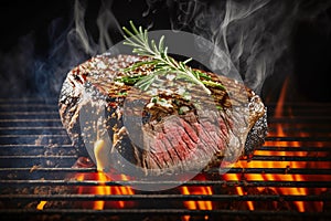 Steak cooking on the open grille. Generative AI