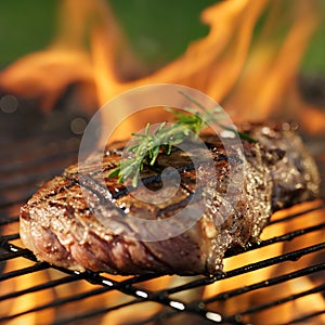 Steak cooking over flaming grill