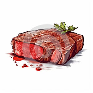 Vivid Realism Cartoon Steak Drawing On White Background photo