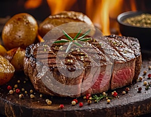 A steak on a cutting board with herbs and spices. The character and all objects are fictitious, the image was created using the