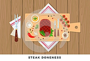 Steak doneness vector flat illustration. Concept of ready meat on wooden board with spices.