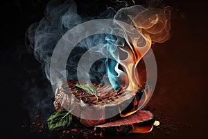 Steak on fire with smoke and flames on a black background